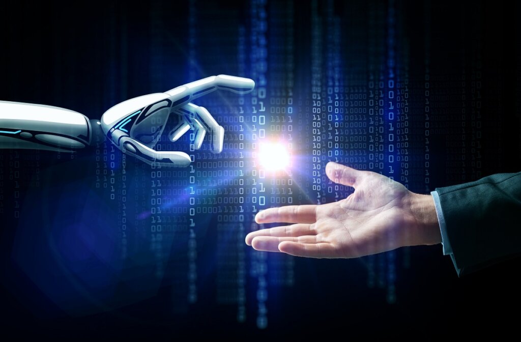 robot and human hand flash light and binary code